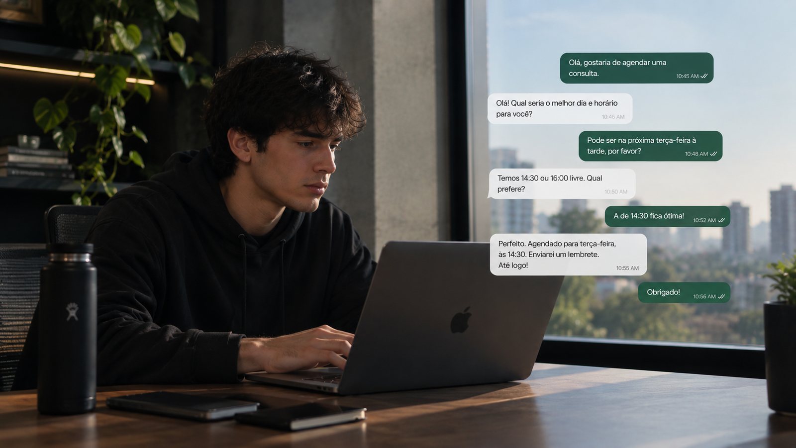 Conversa de WhatsApp em que o agente oferece dois horários, o cliente escolhe as 14:30 e o agente confirma o agendamento e promete o lembrete.